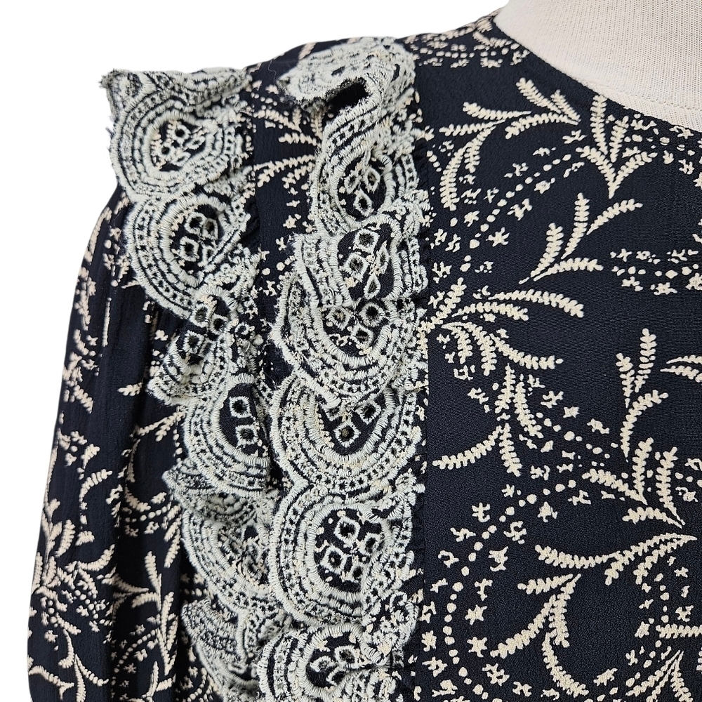JOIE Blouse Black Floral Embroidered Ruffle Long Sleeve Button Front Shirt Small - Picture 3 of 8